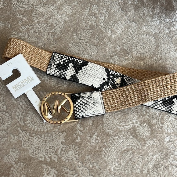 Brand New Michael Kors Black & White Snakeskin Woven Stretch Belt Gold Tone Logo main image 8